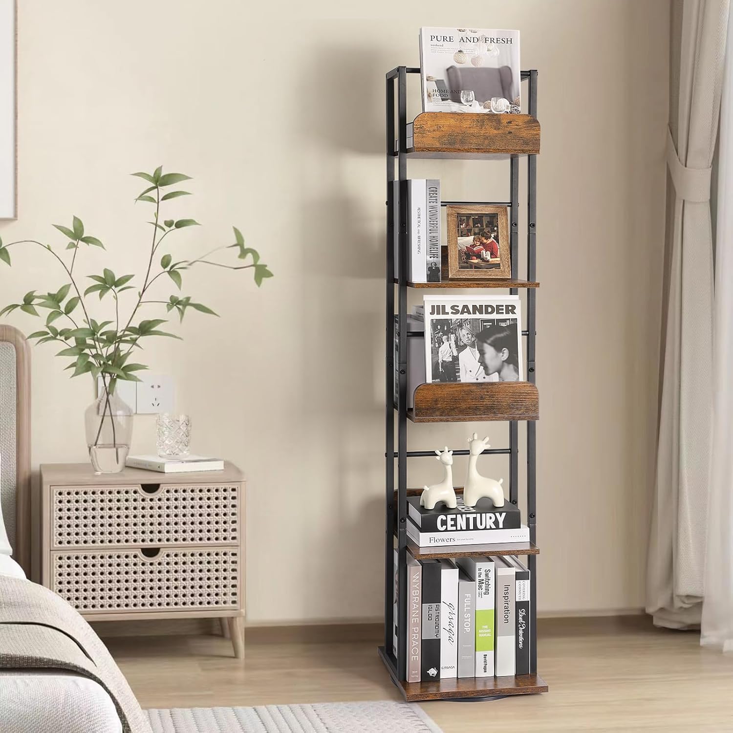 Bikoney Rotating Bookshelf, 360 Display Spinning Bookshelf Tower, 5-Tier Narrow Bookcase, Tall Industrial Book Shelf Organizer, Small Corner Book Shelves for Living Room, Black - Image 2