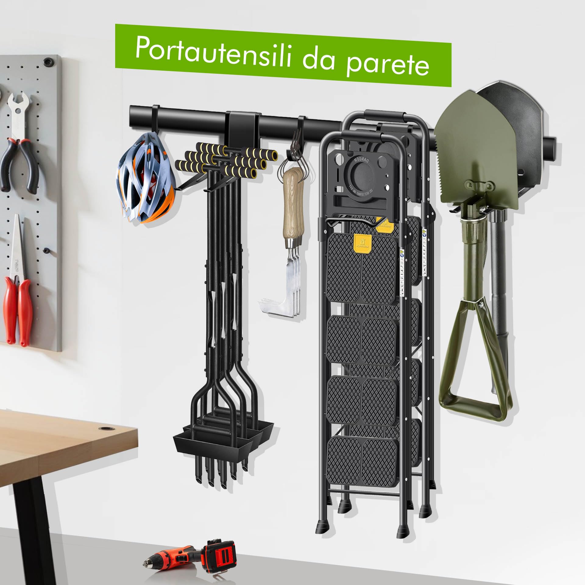 Mimoke Portautensili da giardino in acciaio, set da 2 pezzi, con 2 binari (43 cm) e 5 ganci, barra degli attrezzi per riporre attrezzi, attrezzi da giardino, attrezzature sportive, garage e cantina