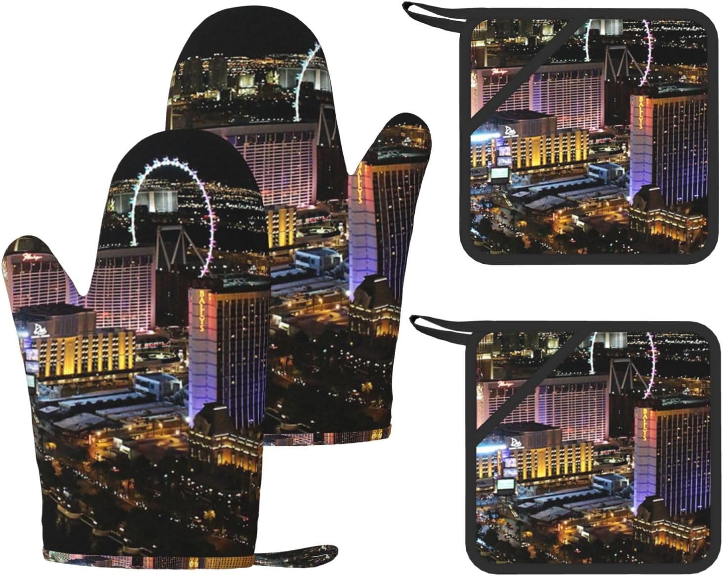 Las Vegas Night View Oven Mitts and Pot Holders Set of 4 Heat Resistant Kitchen Gloves with Silicone Palm Hot Pads for Baking Cooking Grilling BBQ