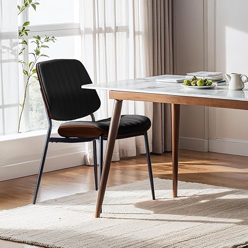 Miniatura 2 de Juego de 2 sillas de comedor, sillas de cuero sintético retro de mediados de siglo con asiento tapizado de madera curvada de nogal, patas de metal