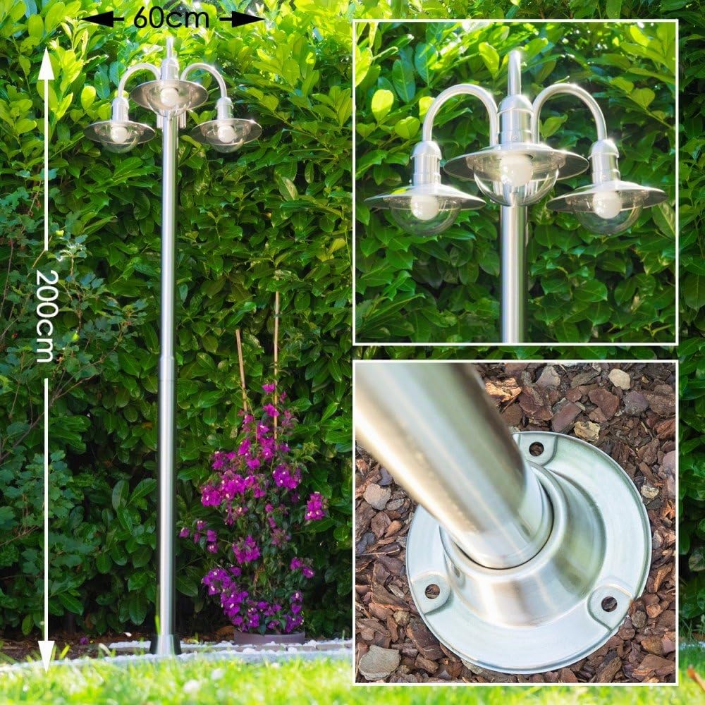 Lampe d'extérieur Elima, candélabre en acier inoxydable au design moderne, avec abat-jour en verre, lampe d'allée à 3 branches 200 cm, lampe de jardin avec douille E27, IP44, ampoule(s) non incluse(s)