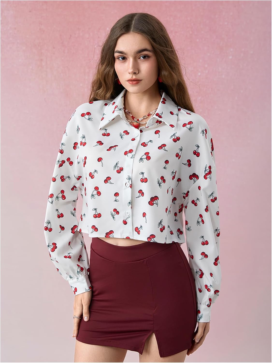 SweatyRocks Women's Button Down Blouses Cherry Print Collared Long Sleeve Shirt Tops - Image 4