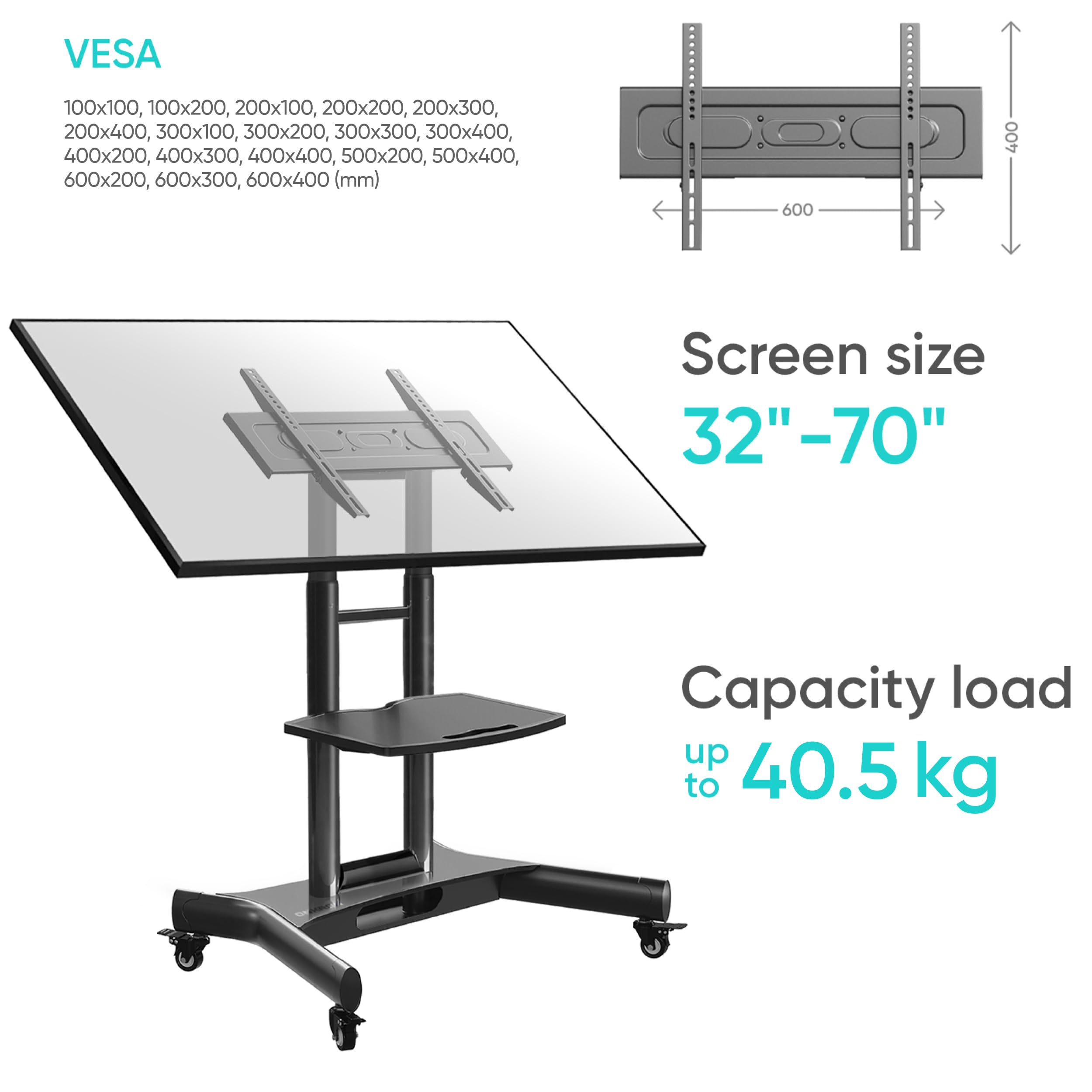 ONKRON Carrello TV con Ruote 32" - 70", Porta TV da Terra Mobile Carico Totale 45 kg, Supporto Televisore da Terra VESA 100x100-600x400 mm, Porta Televisore Pavimento, Inclinabile, Nero TS1350-B