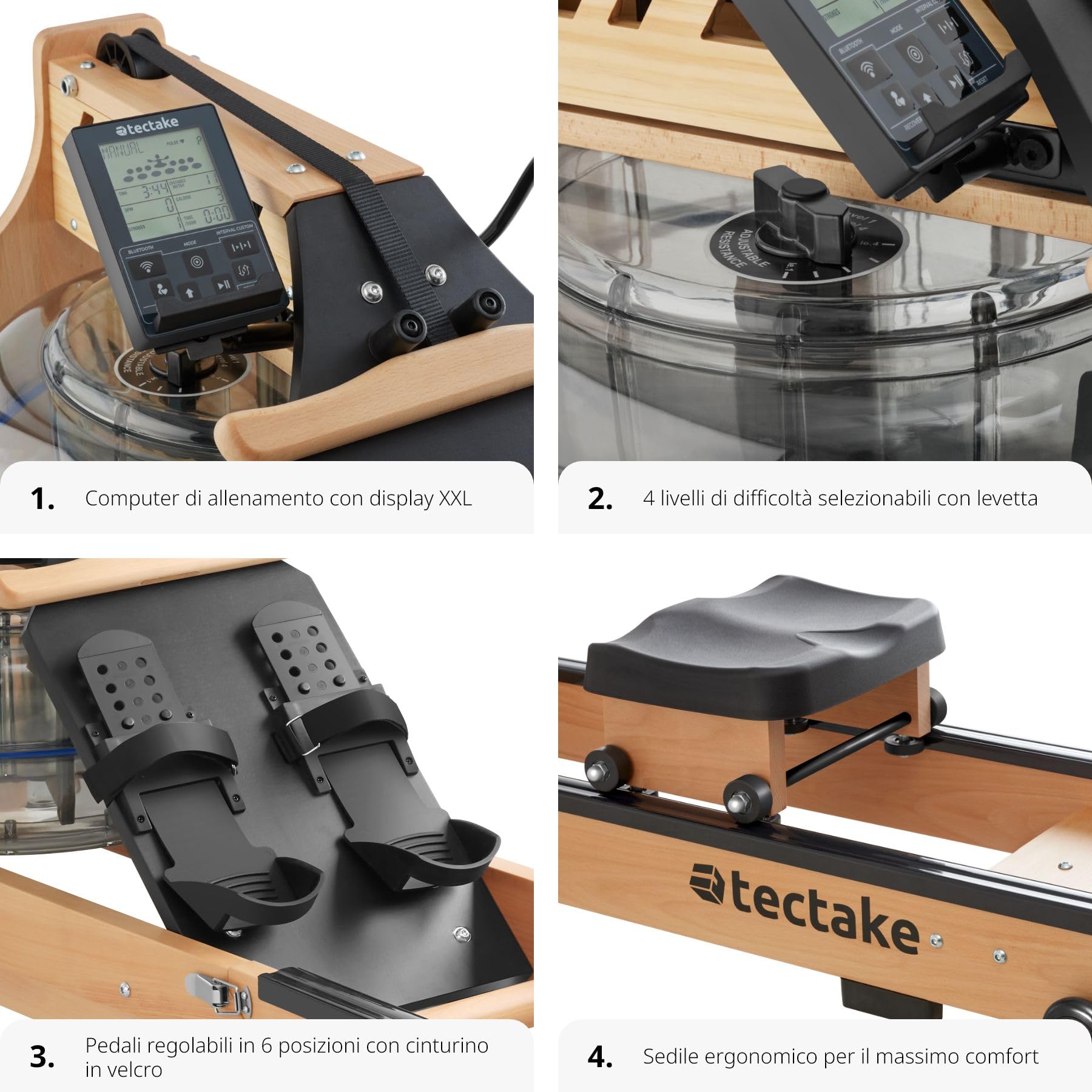 tectake® Vogatore in Legno per Allenamento a Casa, Vogatore Salvaspazio per Palestra in Casa, Sedile Ergonomico, con Serbatoio d'Acqua, Display Integrato, Carico Massimo 150 kg - Nero/Marrone