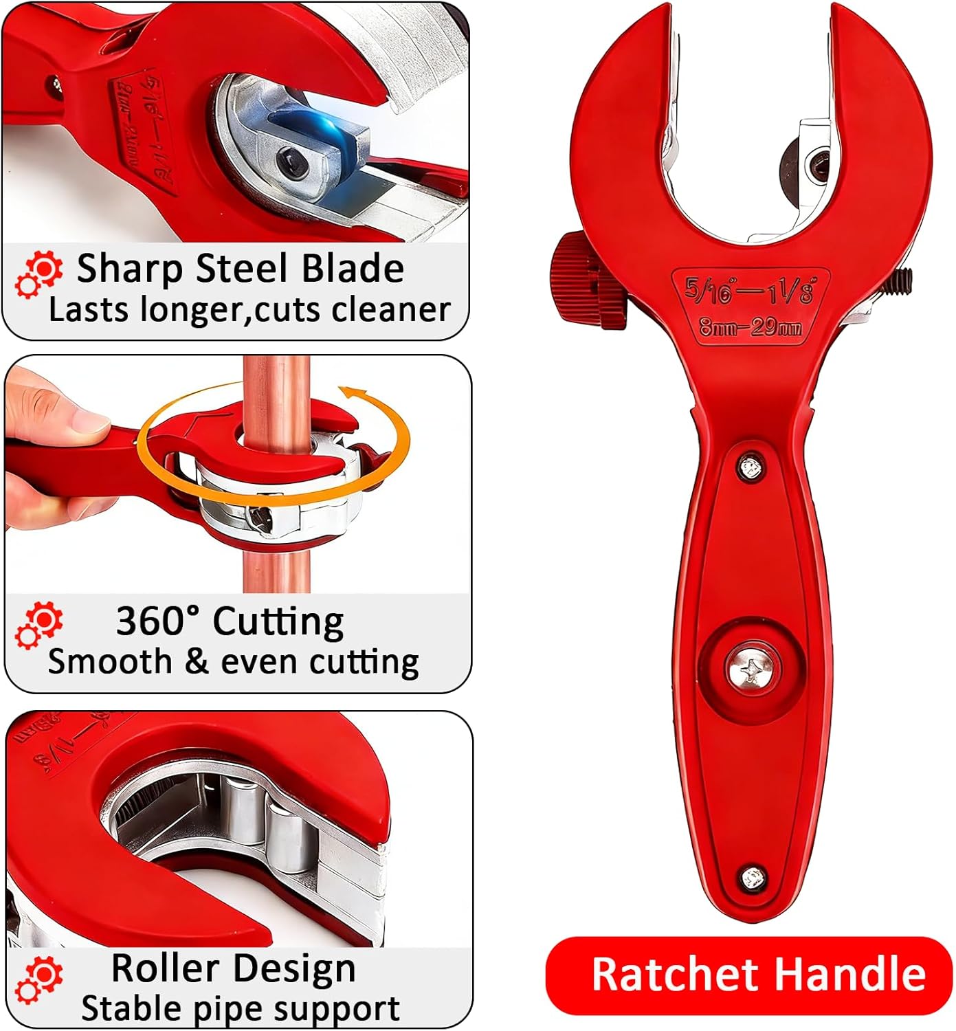 Ratcheting Tubing Cutter, Copper Pipe Cutter, Tubing Cutter 5/16" To 1 1/8", 2 in 1-360° Close Quarters Tube Compact Cutter with Deburring Tool for Cutting Copper and Metal Pipes(Red,1/4"–7/8")