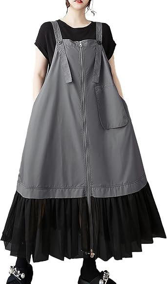 ellazhu Womens Pants Overalls Solid Zip UP Two Side Pockets Tulle Hem Fashion Casual Plus Size Maxi GZ552