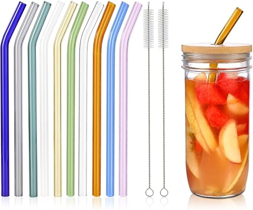 10 popotes de vidrio doblado reutilizables, 0.354 x 0.394 in, pajitas de vidrio coloridas para bebidas, batidos, té de leche, jugos, juego de 10