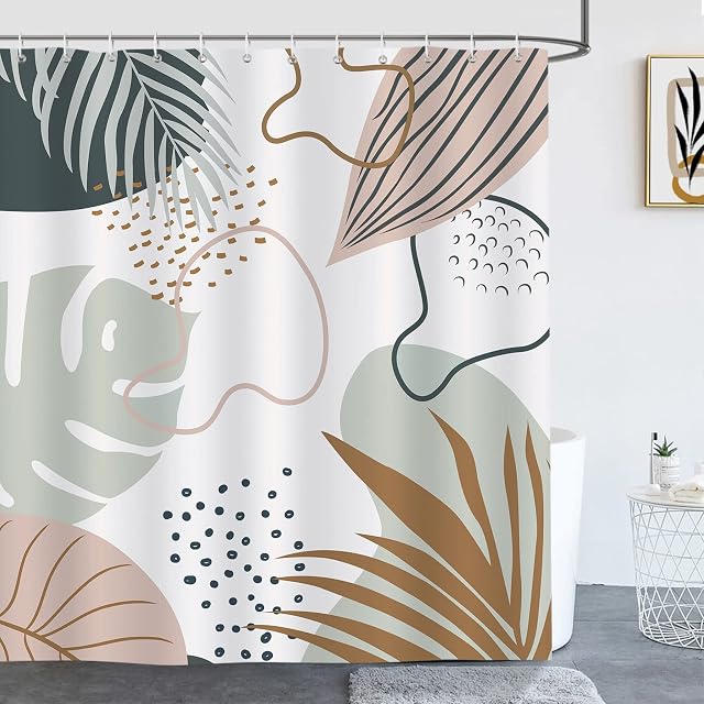 Bonhause Abstract Boho Leaf Shower Curtain 180 x 180 cm Mid Century Modern Tropical Leaves Bathroom Curtain Waterproof Mildew & Mould Resistant Polyester Fabric Bath Curtain with 12 Hooks