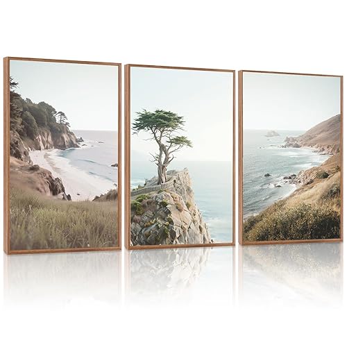 LHIUEM Coastal Seascape Framed Canvas Wall Art,Modern Beach Wall Decor,Neutral