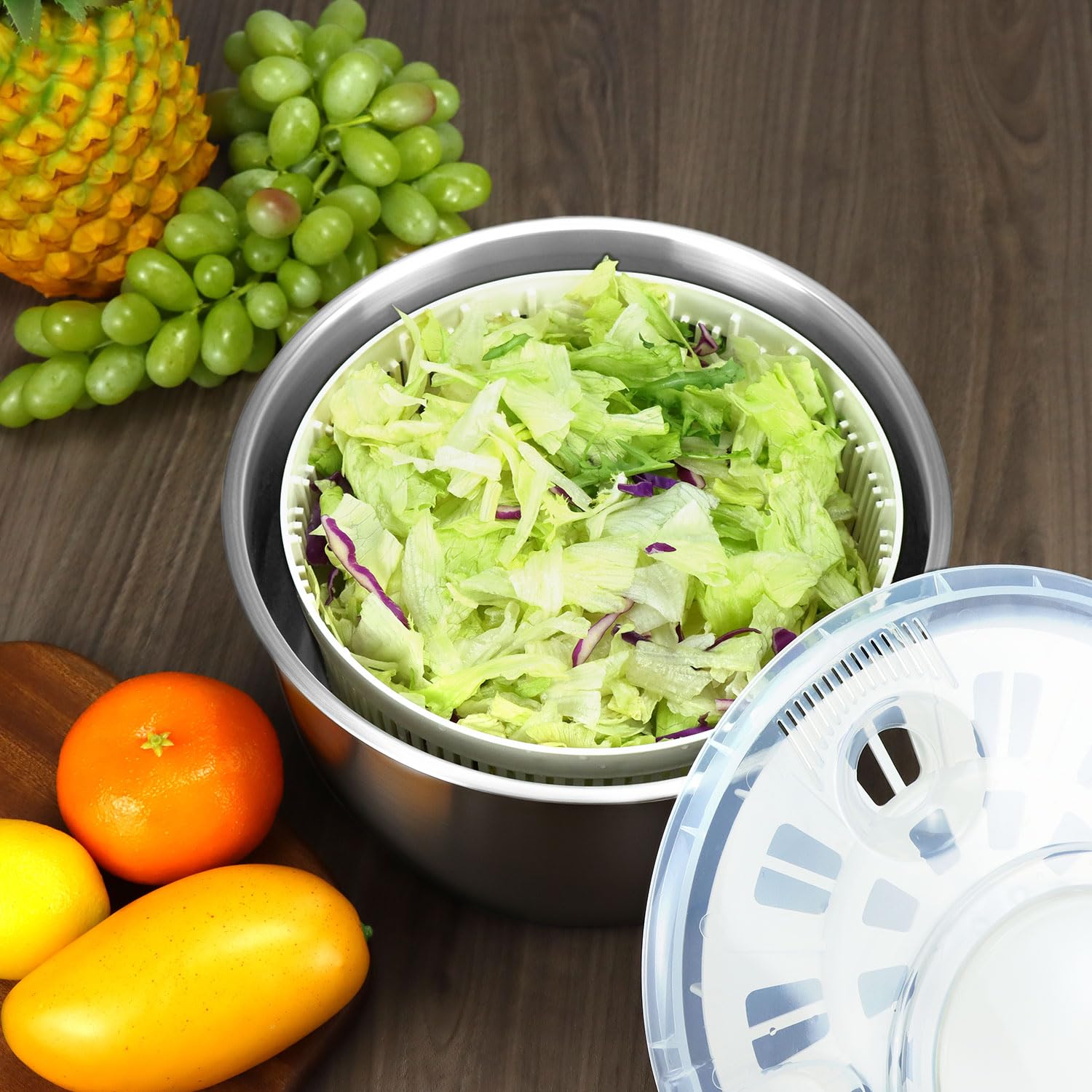 QWORK® Essoreuse à Salade 4,5L en Acier Inoxydable304 - avec Poignée Manivelle et Base Antidérapante, Lavable au Lave-Vaisselle