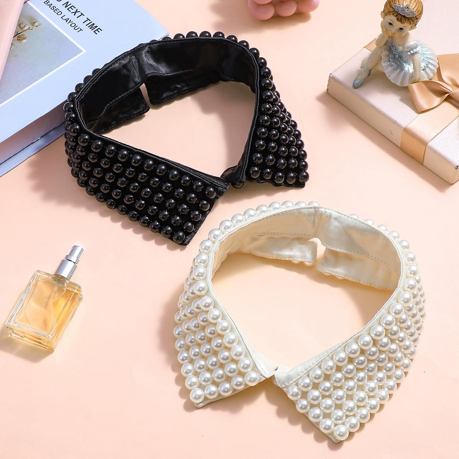 2 Pieces Pearl Collar Necklace for Women, Fashion Handmade Detachable Fake Collar with Adjustable Extension Chain, Apricot & Black Vintage Simulated Pearl Beaded Bib Dickey for Girls
