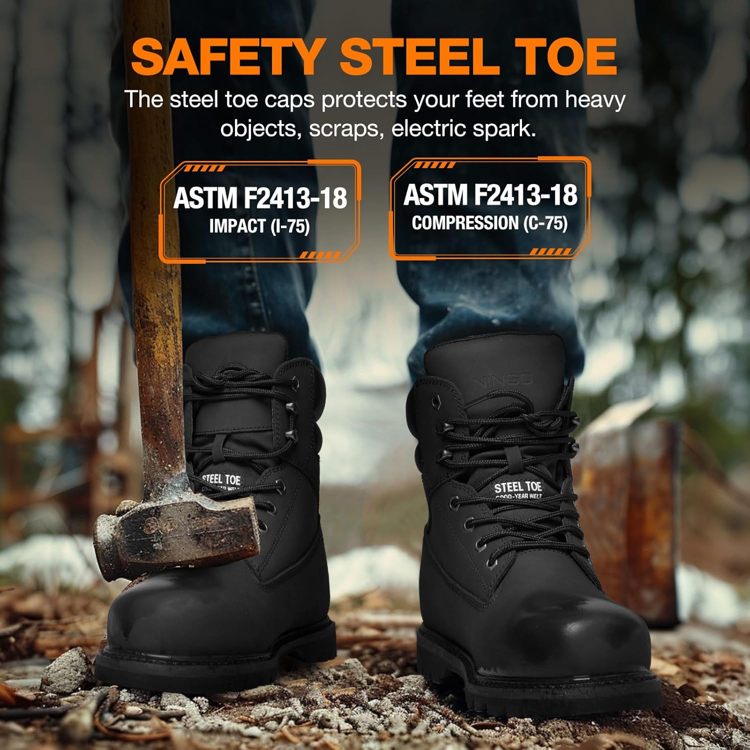 NINGO Waterproof Steel Toe Work Boots for Men, 6" Non Slip Comfortable Leather Workboots, Mens Safety Construction Shoes for Outdoor Industrial - Image 4