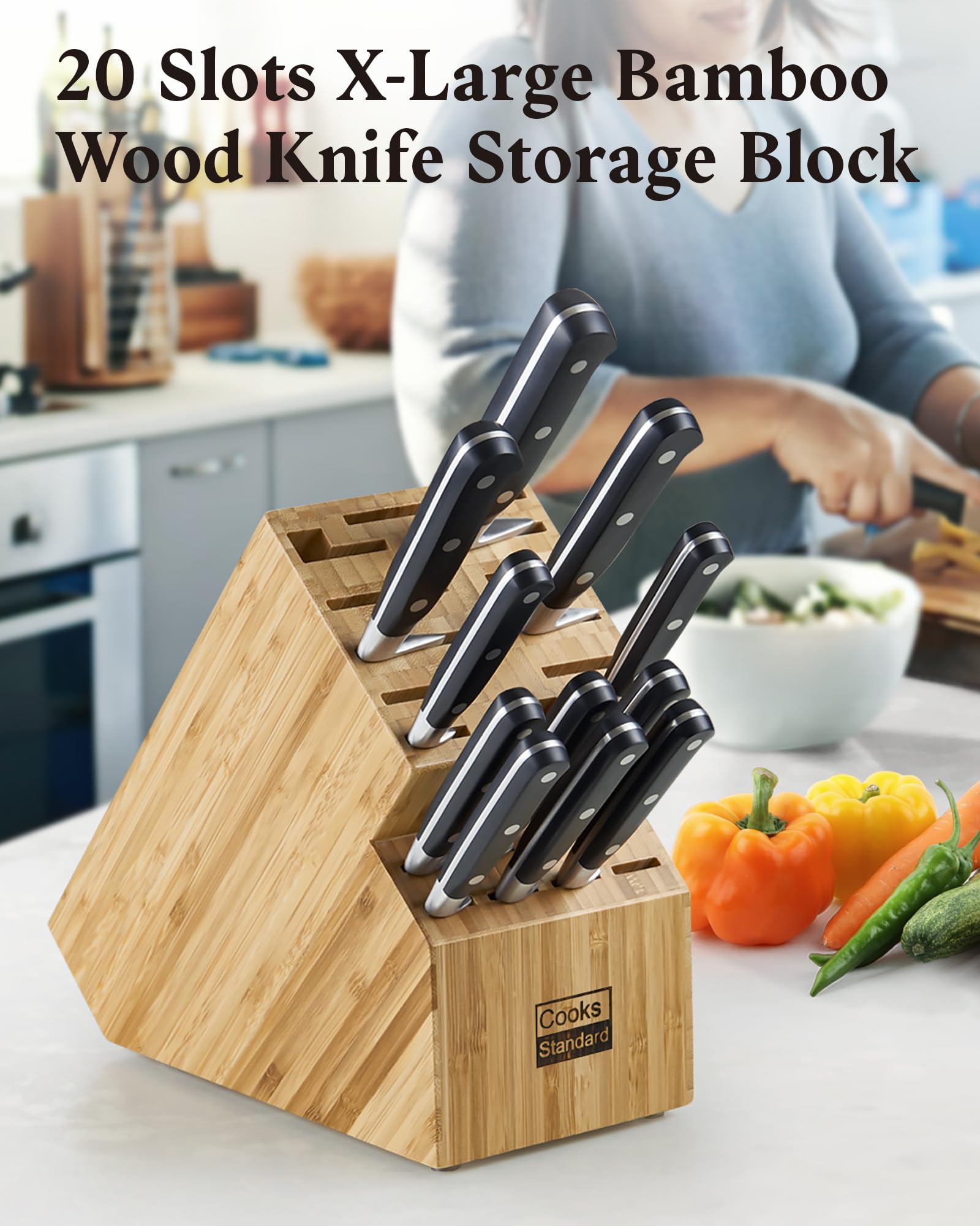 Cooks Standard Messeraufbewahrungsblock aus Bambus ohne Messer, 20 Schlitze, Universal-Messerhalter, Arbeitsplatte, Metzgerblock, Messerständer für einfache Aufbewahrung in der Küche