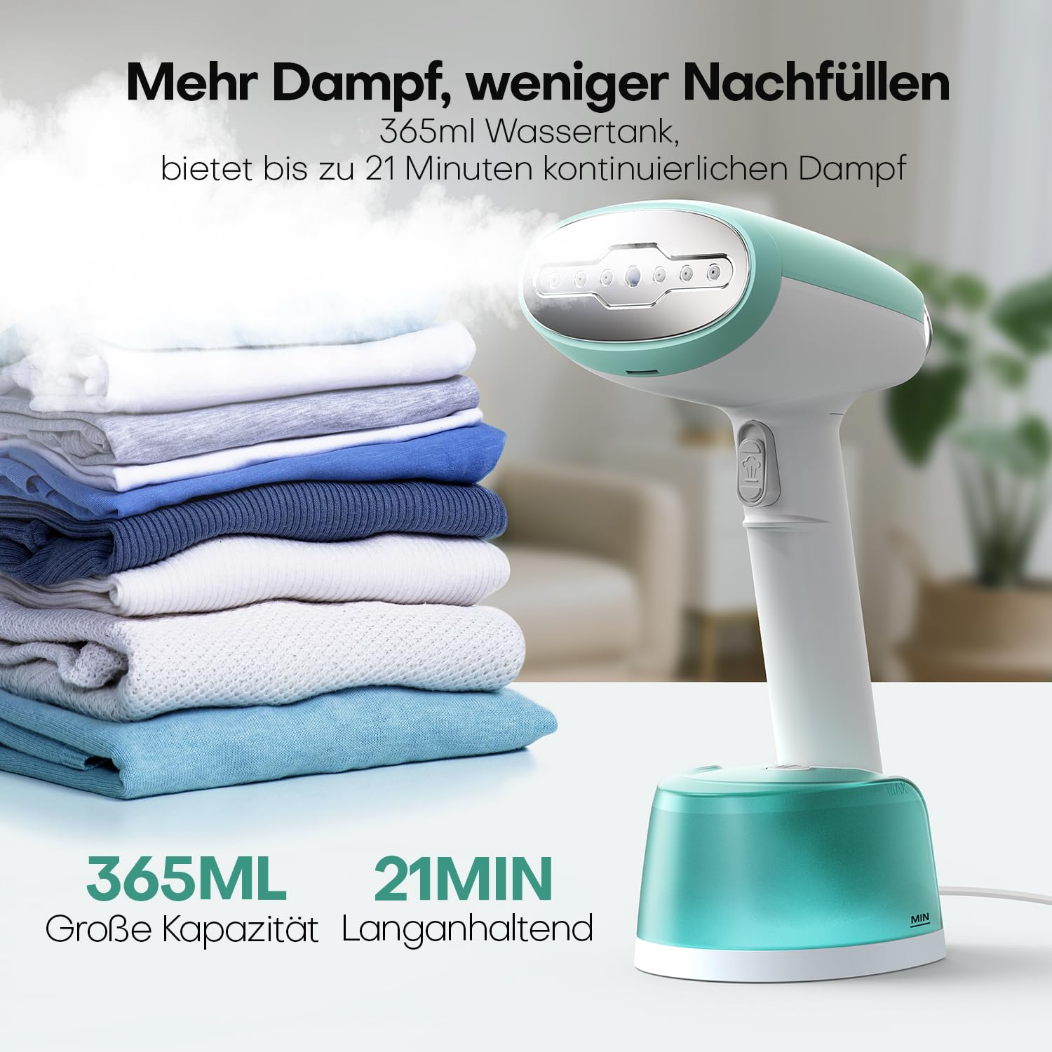 AROEVE Steamer Dampfglätter, 1500W Hand Dampfbürste mit 365ml Wassertank, 2 Dampfmodi, Schnelle Erwärmung, bis zu 30 g/min Dampf, Tragbarer und kompakter Faltenentferner für Zuhause, Büro und Reisen