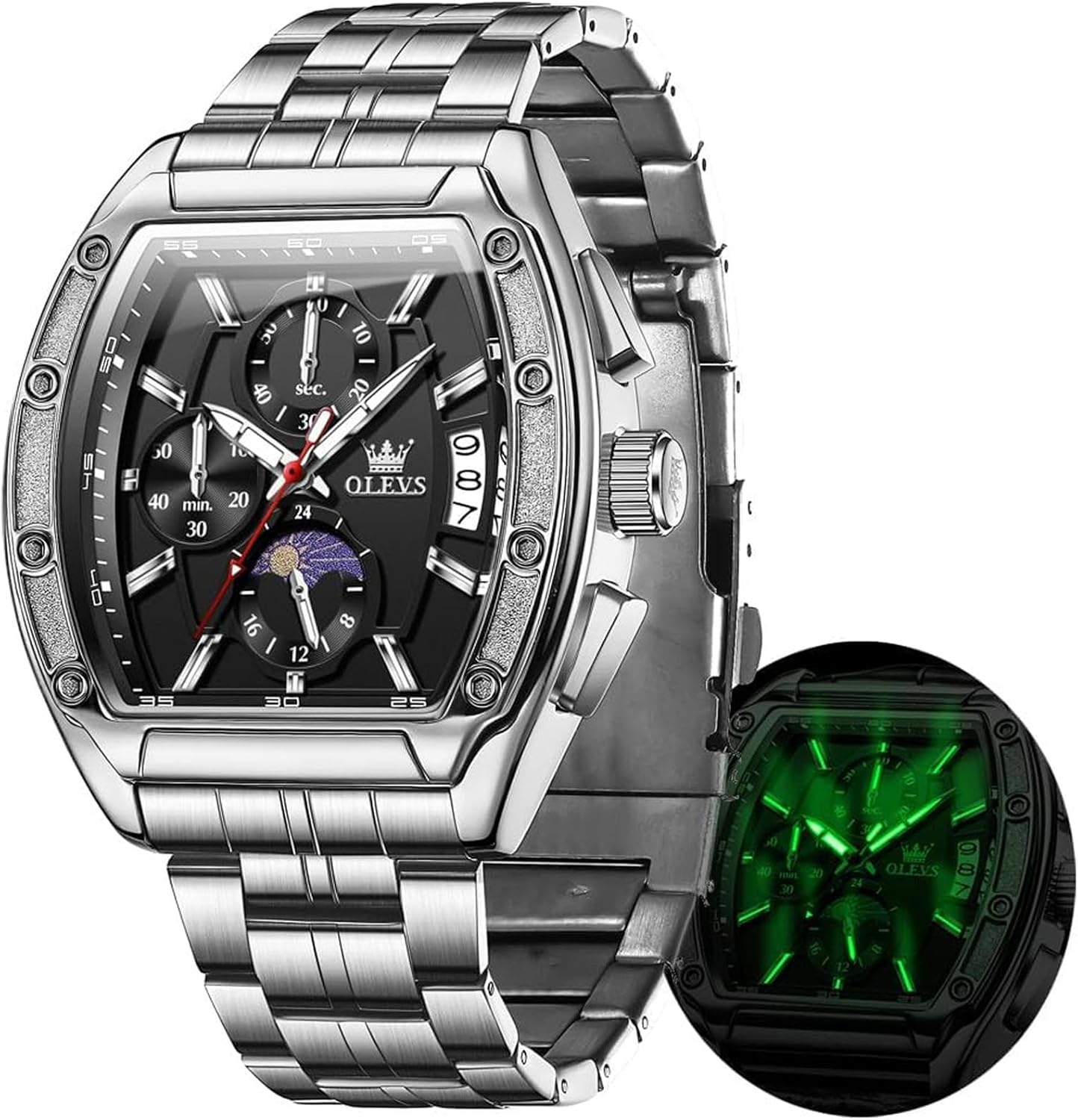 OLEVS Watches Men Chronograph Waterproof Rectangle Face Moon Phase Stainless Steel Strap Dress Watches for Men Luminous Quartz Calendar Mens Wrist Watch - Image 8