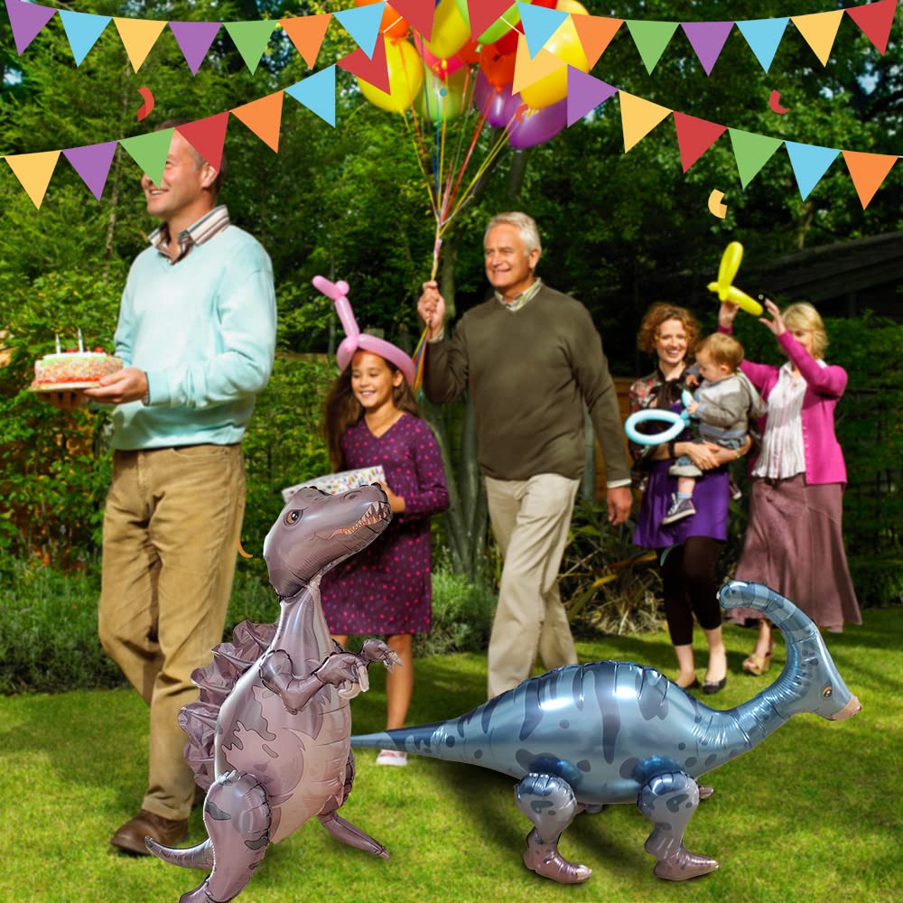 2 Pack 3D Dinosaur Balloons, Aluminium Foil Walking Dinosaur Balloons Birthday Party Decorations With Clear Wheels, Large Jungle Cartoon Dino Themed Decor For Animal Theme Birthday Party Supplies