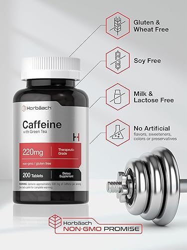 Miniatura 5 de Horbäach Píldoras de cafeína de 200 mg  con té verde  200 tabletas  Vegetarianas, sin OMG y sin gluten