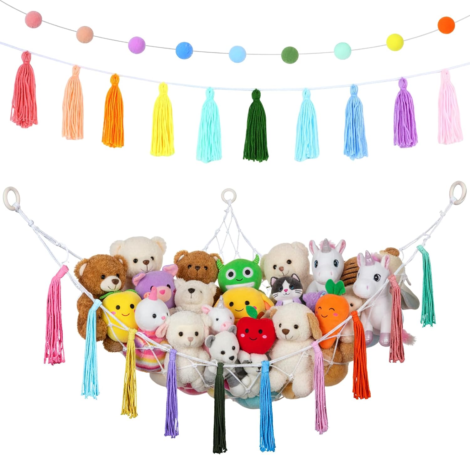 Irenare 1 Pcs Stuffed Animal Hammock Corner Storage Hanging Net With10 Tassel Garlands 2 Pcs Pastel Ball Garland Hammock Hanging for Boho Nursery Playroom Bedroom Room Decor