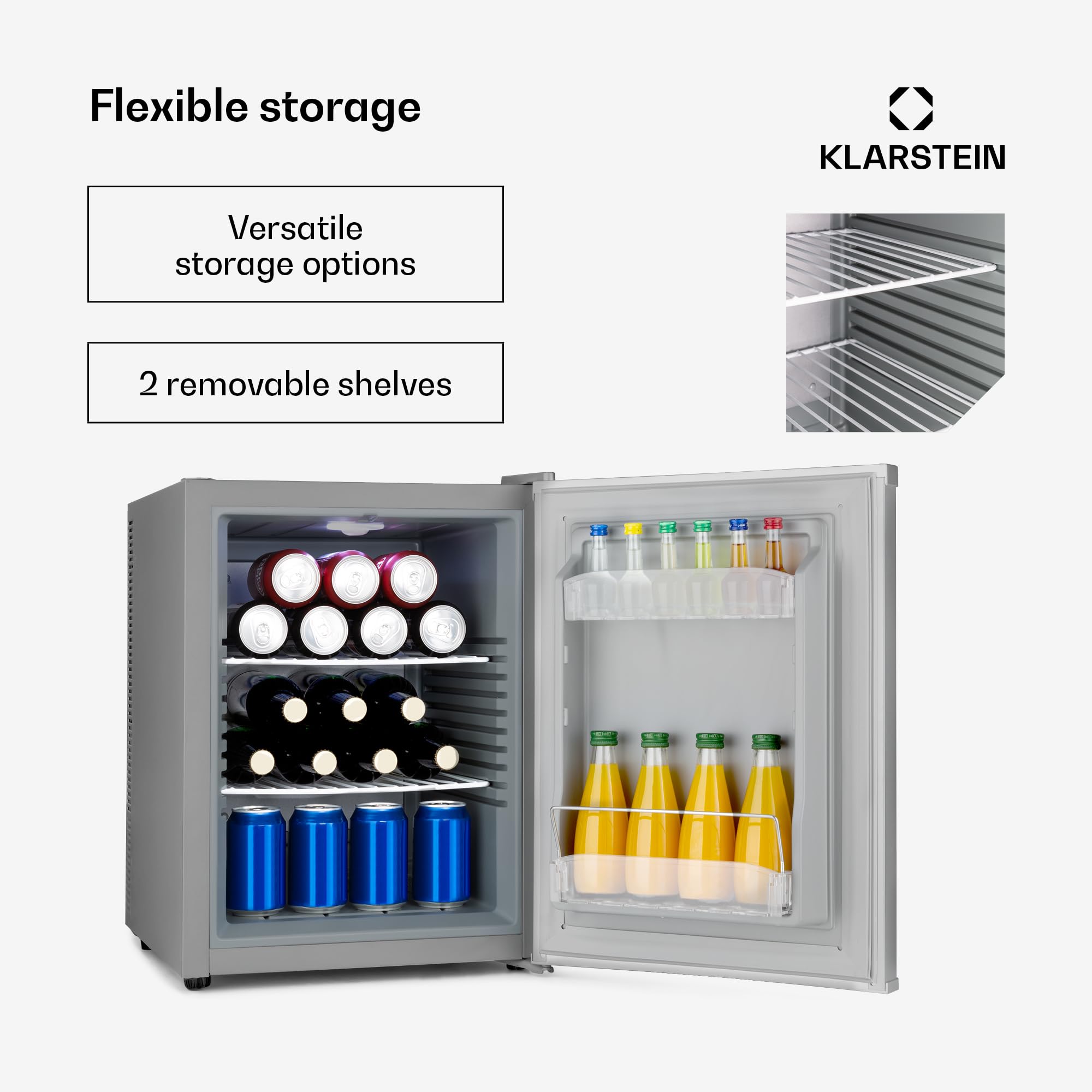 Klarstein Happy Hour - minibar, mini lodówka, lodówka na napoje, kompresor, temperatura chłodzenia: 5-15 °C, cichy: 0 dB, oświetlenie LED, 37 litrów, srebrny