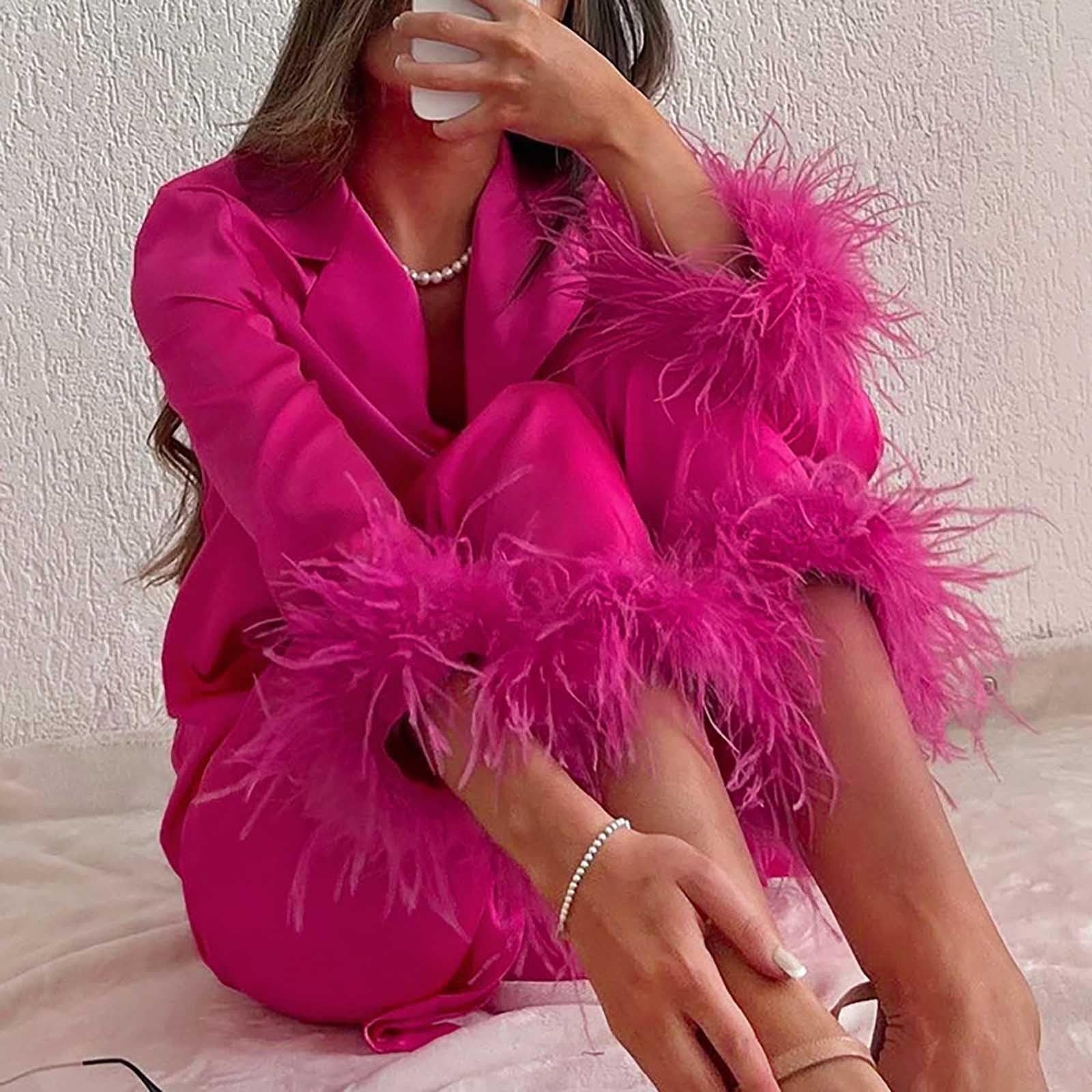 Conjunto de pijama de satén para mujer, parte superior con botones frontales, mangas largas, pantalones a juego, ribete de plumas, suave, ligero, comodidad nocturna para dormir, descansar en casa