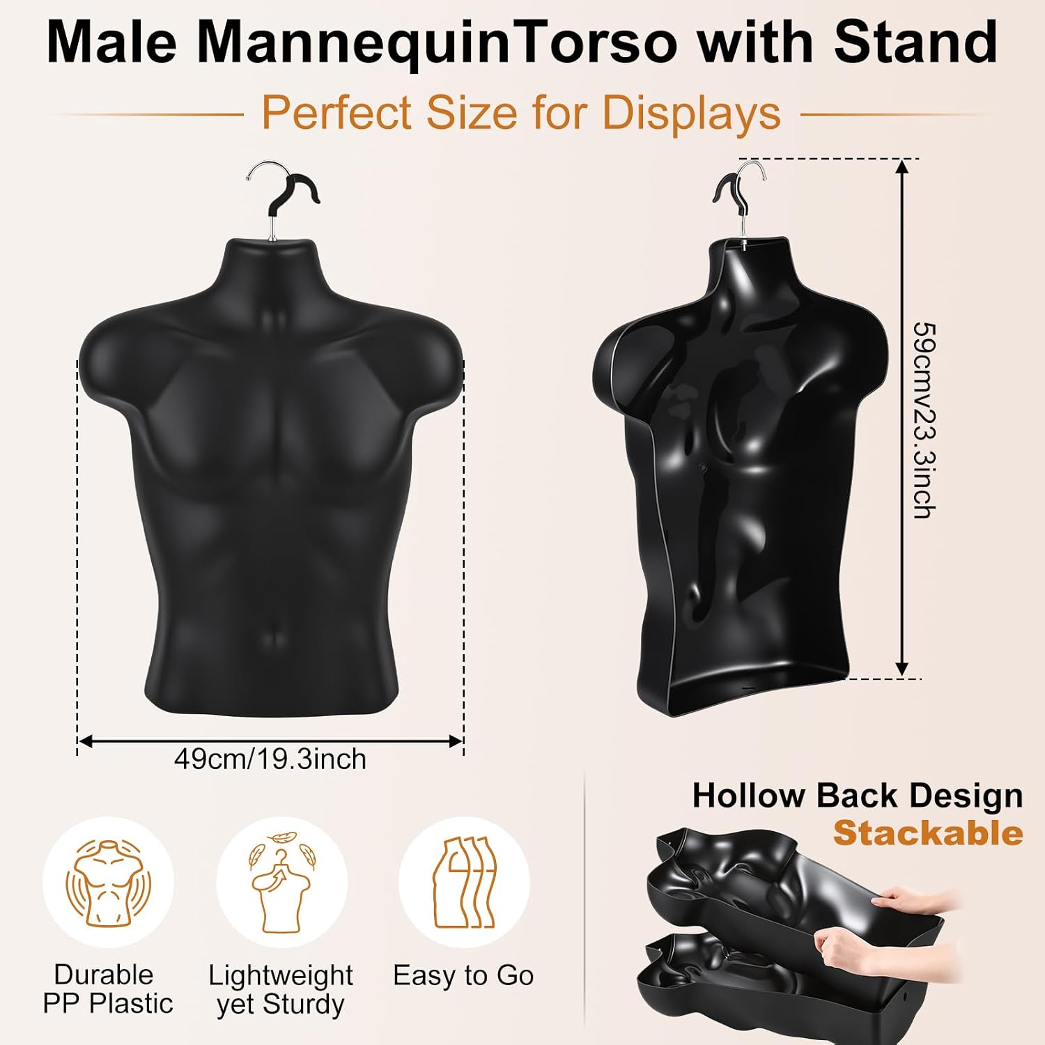 Lallisa 1 Pack Male Mannequin Torso with Hanging Hook for Display, Black image 2
