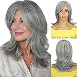 QUEENTAS 15 Gray Wigs for Women Grey Silver Medium Length Layered Wig with Curtain Bangs Glueless Natural Looking Synthetic Wigs for Thinning Hair Daily and Cosplay(Black Mixed Grey Siler)