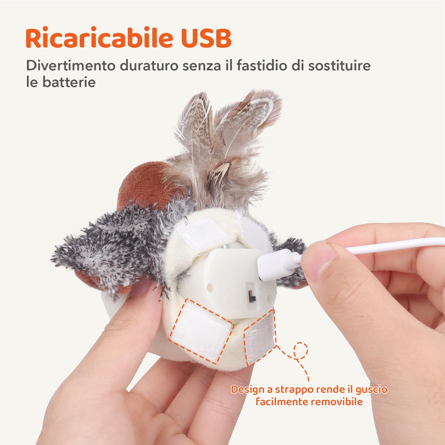 Potaroma Giochi per Gatti– Giocattolo Interattivo per Gatto a Forma di Uccello Passero, Ali Battenti, Suoni Realistici, Catnip, Ricaricabile, Attivazione Touch, per Tutte le Razze, 10 cm