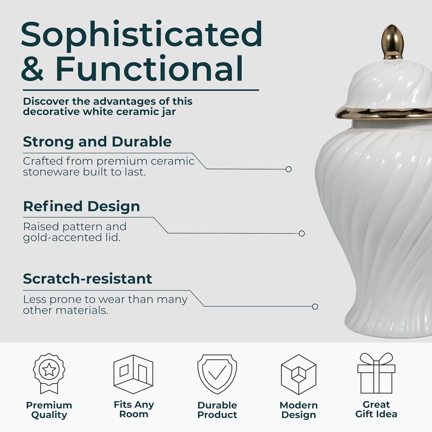 Elegant Ceramic Temple Jar with Lid for Home Decor - Sculptural Flower Vase for Living Room, Bedroom, or House Display - Table Decor for Dining Room or Kitchen Counter - 20", White & Gold