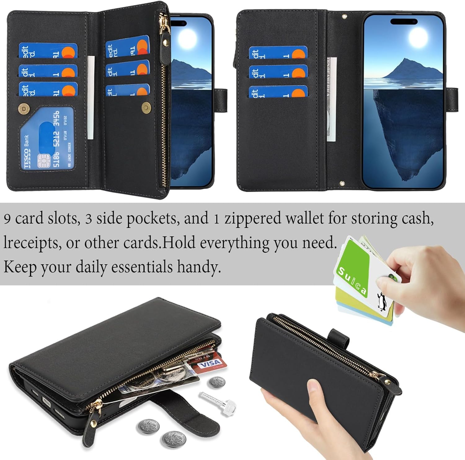 Jaorty Wallet Case for iPhone 16 Pro Max with Strap,for Women Men,[9 Card Slots] [Wrist Strap] Zipper Cash Pocket Magnetic Leather Cover Case,6.9" Black - Image 2