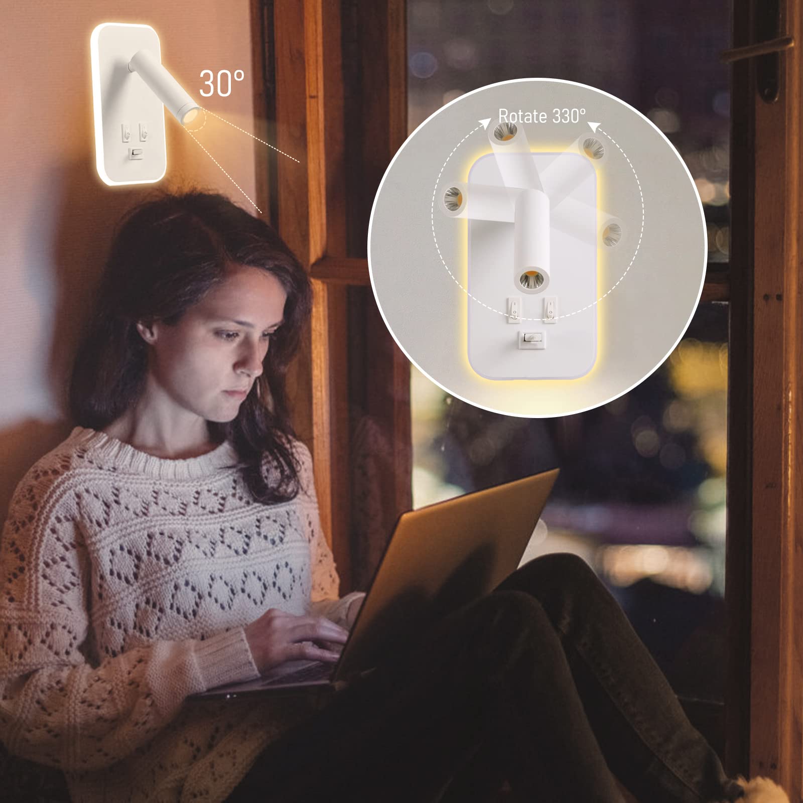 Weigudoc 2pcs Lámpara de Pared LED, Luz de Lectura Junto a la Cama, Aplique de Pared Cabecera Ajustable, con Puerto de Carga USB e Interruptor, Luces de Pared de Pasillo (Blanco)