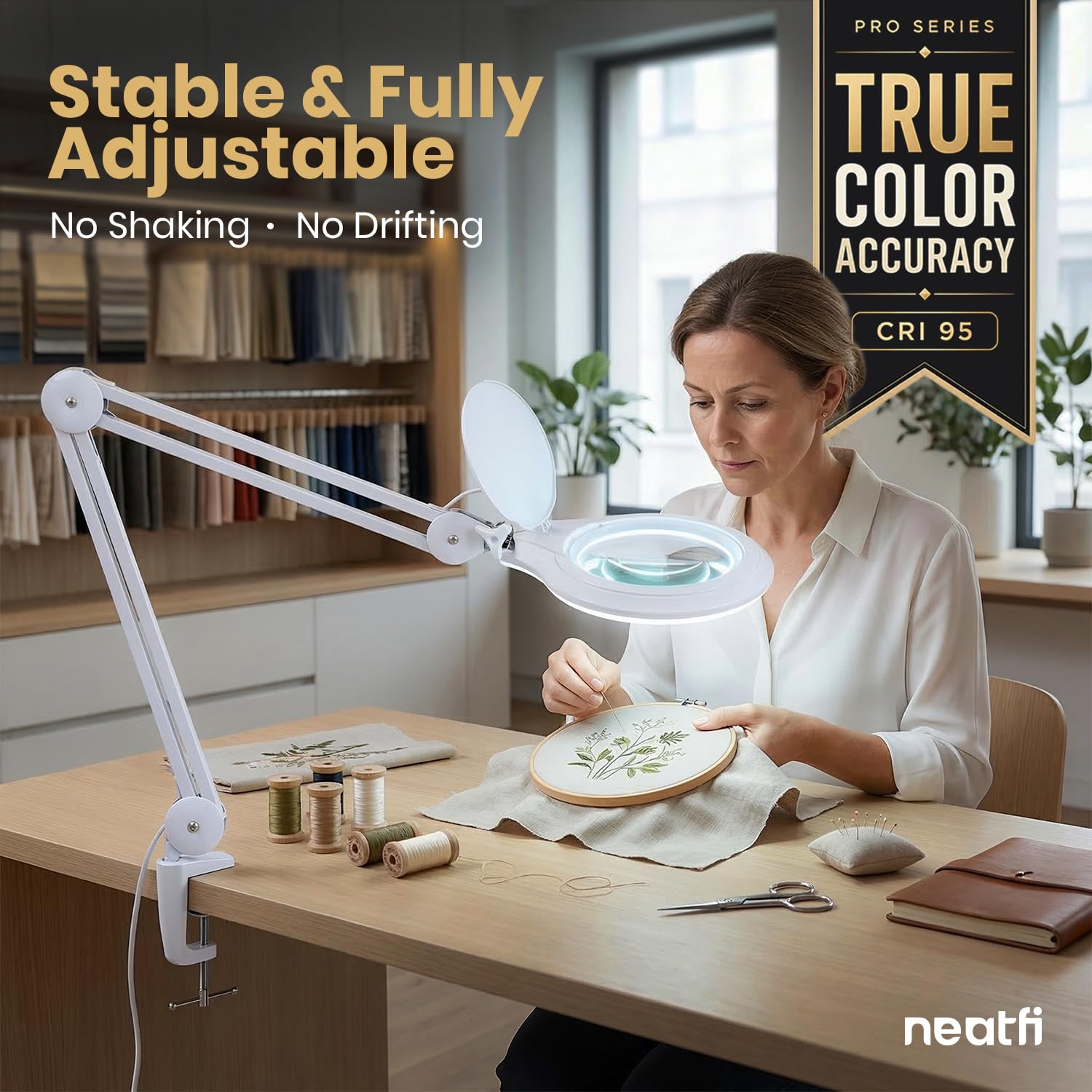 Neatfi Pro Series – Lámpara LED con Lupa Bifocal y Abrazadera, 1200 Lúmenes | Aumento 8D/20D | CRI 95 | Lente de Vidrio de 13 CM | Regulable (Blanco, 8 dioptrías + 20 dioptrías)