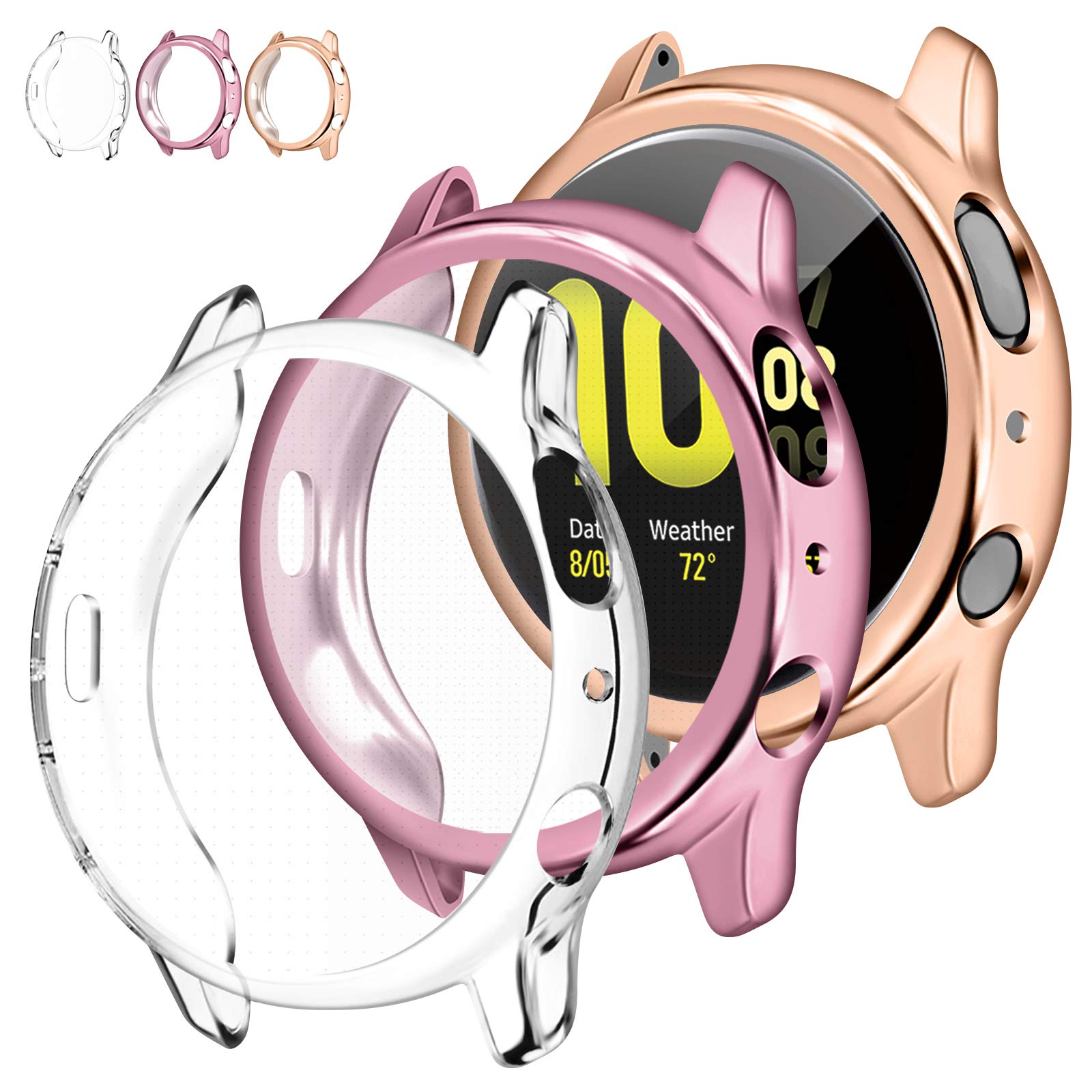 Wanme for Samsung Galaxy Watch Active 2 44mm 40mm Screen Protector Case, 3-Pack Bumper Full Around Cover Soft TPU Case for Samsung Galaxy Active 2 44mm 40mm (44mm, #A(RosePink+RoseGold+Clear))
