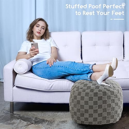 Miniatura 6 de HIGOGOGO Puf Otomán Redondo Relleno, Pufs a Cuadros con Relleno de Trozos de Espuma, Puf Esponjoso y Peludo Taburete Otomán de Almacenamiento, 20 X