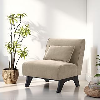 womina Upholstered Armless Accent Chair with Pillows & Wooden Legs - Modern Comfy Lounge Chair for Living Room, Bedroom, Reading Nook (Brown)