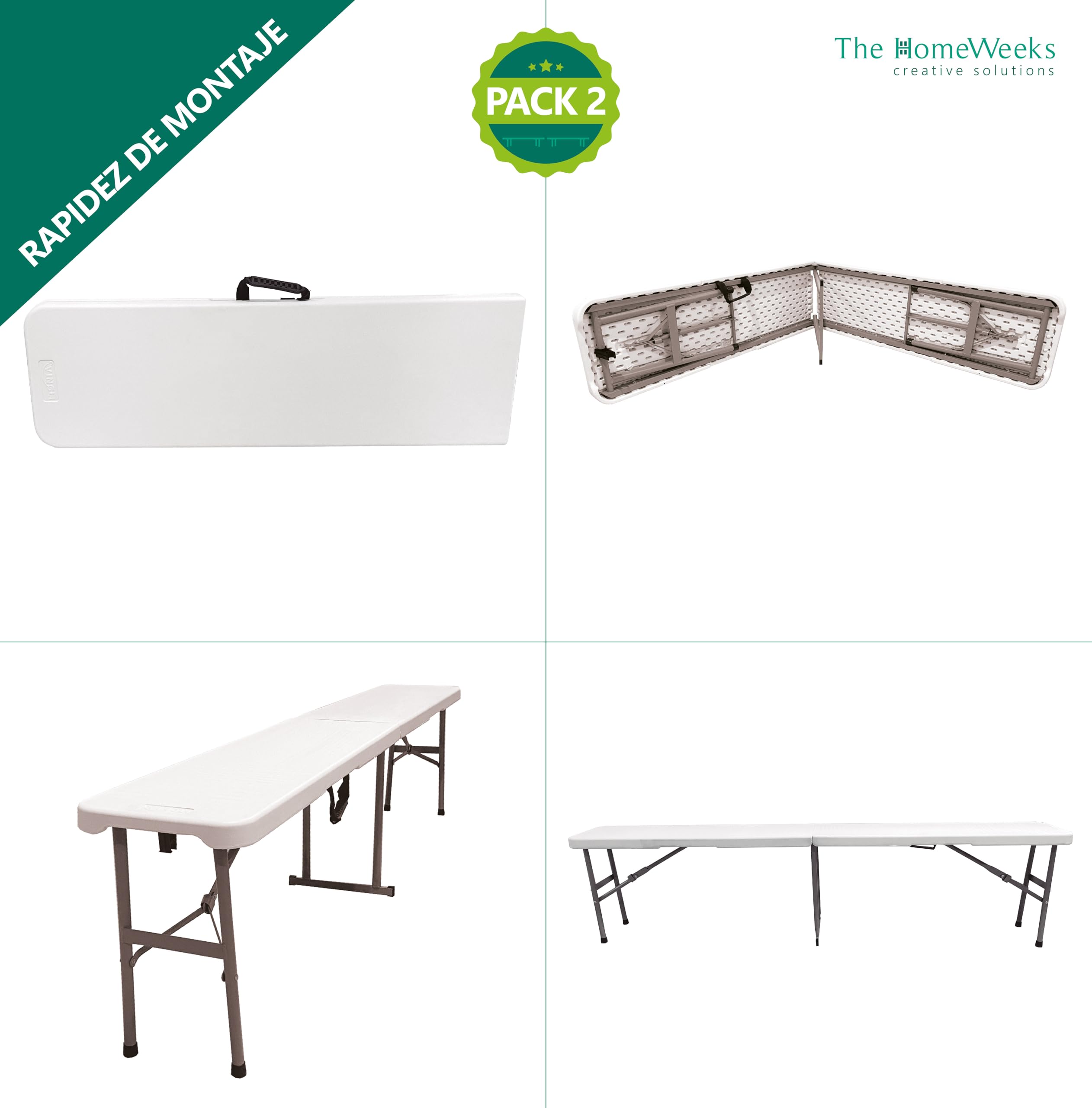 The Homeweeks Pack Mesa Plegable con 2 Bancos Solid 180cm portátiles | Normativa Uso público Interior/Exterior | Capacidad 6/8 Personas | Carga 150 kg Mesa y 300 kg por Banco Multiusos jardín