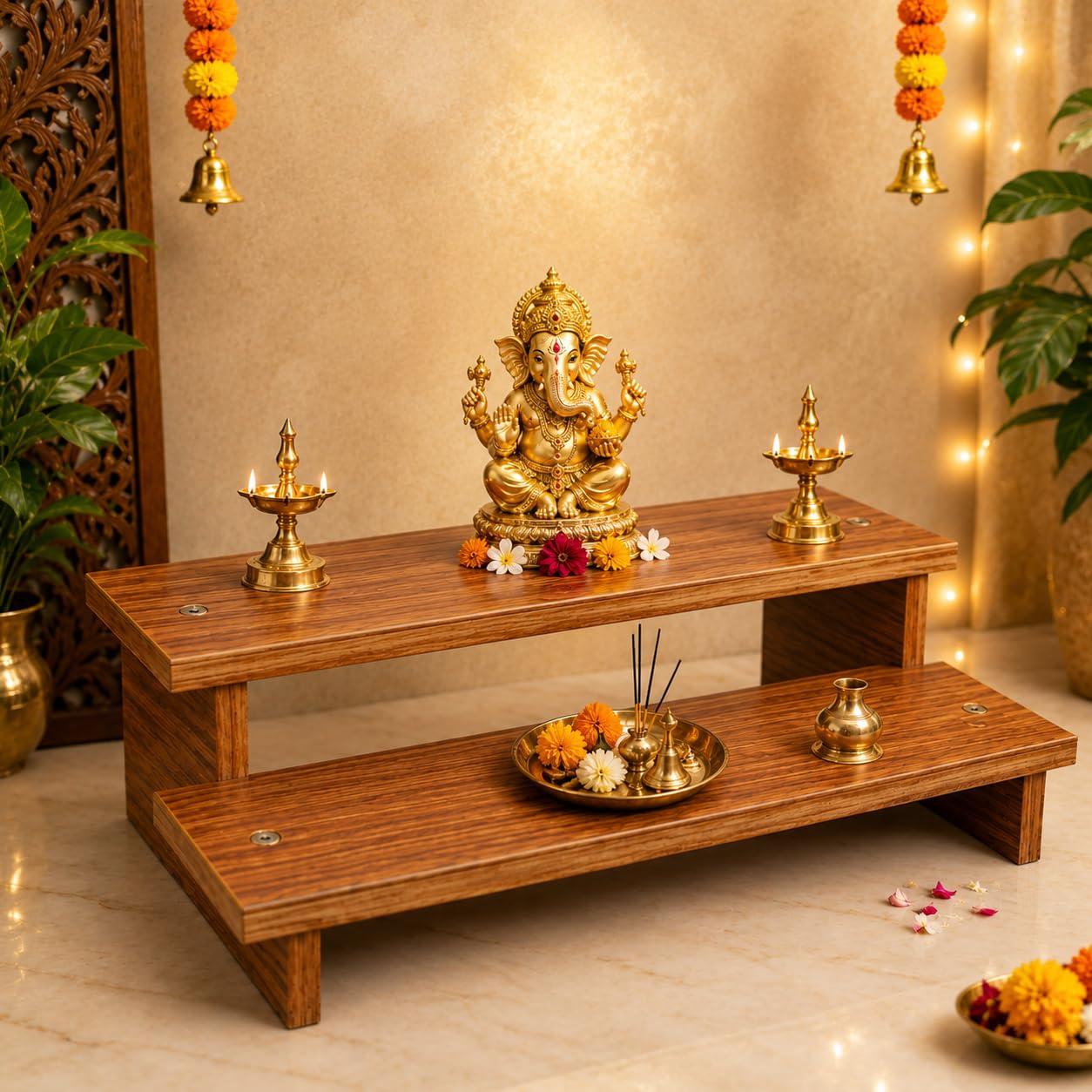 Wooden 2-Step Pooja Chowki for Home Temple | MDF Laminated Mandir Stand | Temple Decor Platform for God Idol, Kitchen, Festivals, decor | Brown Finish (Large (40x20x10Cm))-image-14