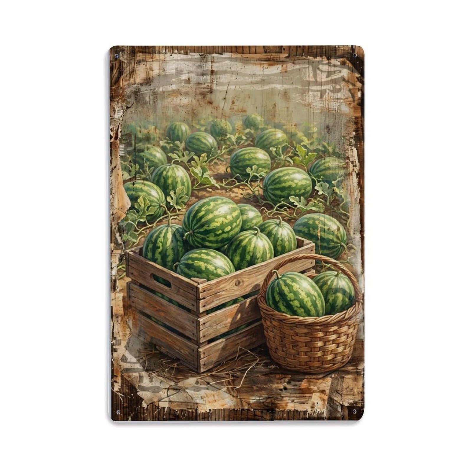Watermelon Field Harvest Green Fruit Countryside Farm Vintage Metal Tin Sign Plaque Wall Decor for Cafe, Club, Garden Metal Poster 8x12Inch
