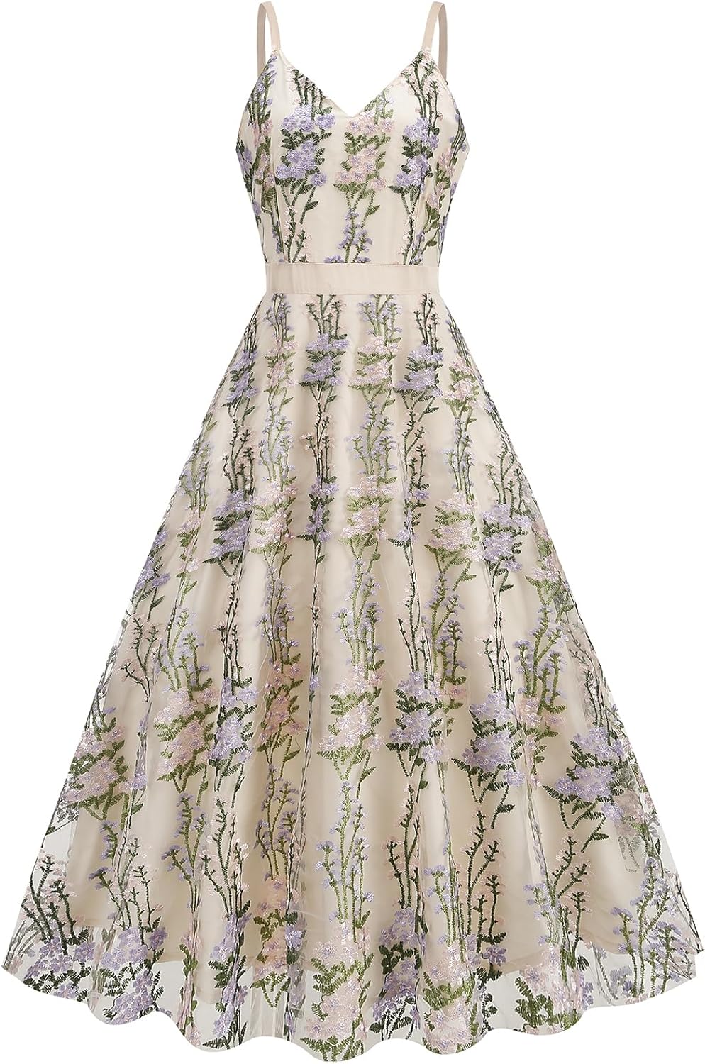 Long Floral Embroidery Dress for Women Flower Embroidered Maxi Dress Spaghetti Straps Formal Evening Party Tulle Prom Dress