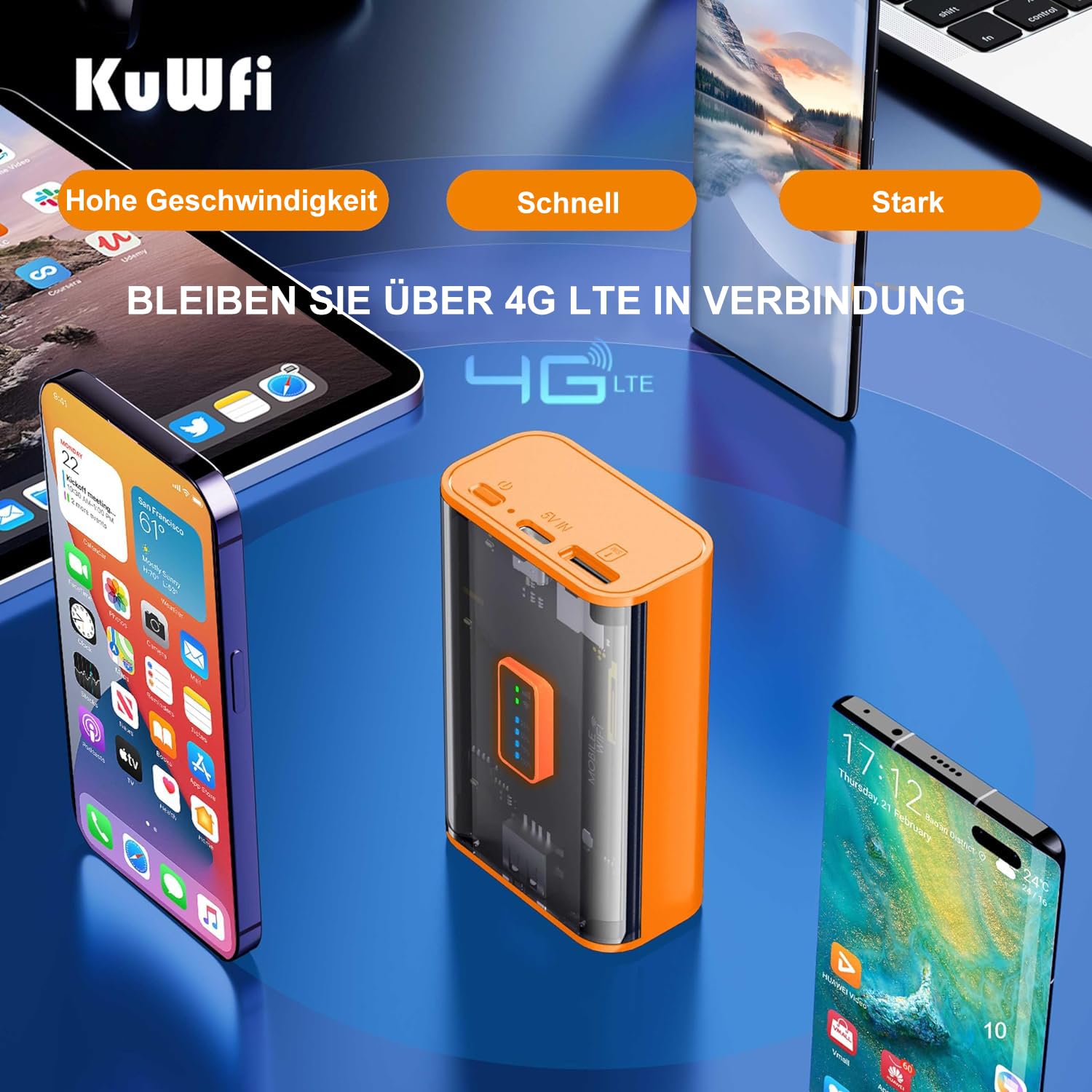 KuWFi Mobilny router 4G LTE WLAN (4G/LTE do 150 Mbit/s do pobrania / 50 Mbit/s upload, przenośny hotspot, akumulator 5200 mAh, kompatybilny ze wszystkimi europejskimi kartami SIM), Plug & Play, do