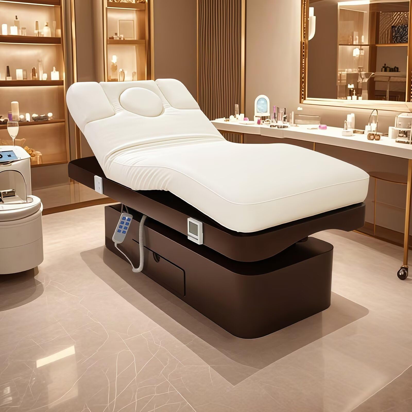 Electric Massage Table - Lash Bed Includes White Cushion Dark Brown Base Esthetician Bed Pneumatic Armrest One-Button Lifting