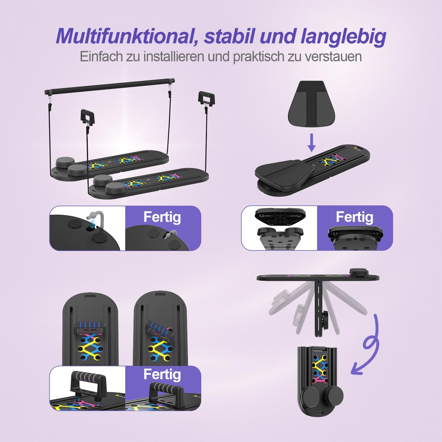 Pilates Board für Zuhause, 8-in-1 Pilates Reformer mit 5 Widerstandsbänder, Faltbarer Pilates Brett mit Automatischer Rückprall, Bauchtrainer & Pilates Bar, Pilates Set für Ganzkörpertraining