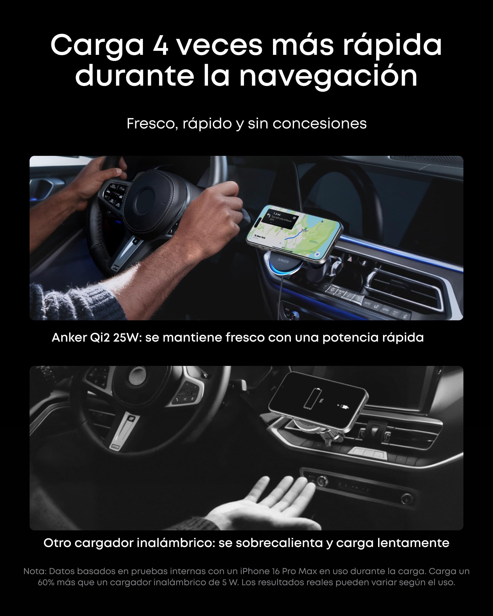 Anker Prime MagSafe Cargador para Coche, certificación Qi2 de 25 W con refrigeración Tec, imanes y Soporte para Rejilla de ventilación para iPhone 17-12 (Incluye Adaptador de 60 W).
