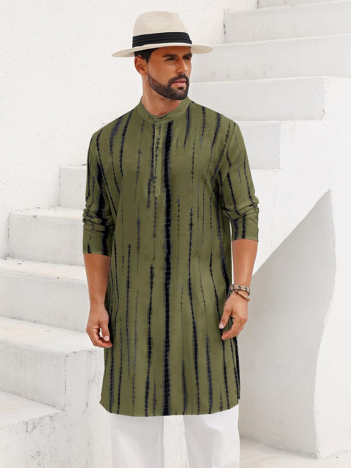 Runcati Mens Kaftan Robe Tie-Dye Long Sleeve Button Down Henley Shirts Thobe Hipster Print Side Split Gown Shirt - Image 3