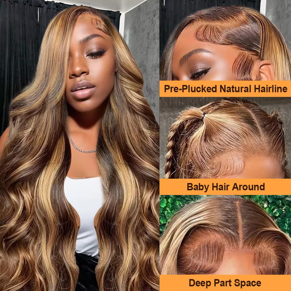 Xiayume Ombre Lace Front Wigs Human Hair 20inch Highlight HD Body Wave Lace Front Wigs 180% Density 4/27 Colored Honey Blonde Wig For Women Glueless Pre Plucked with Baby Hair