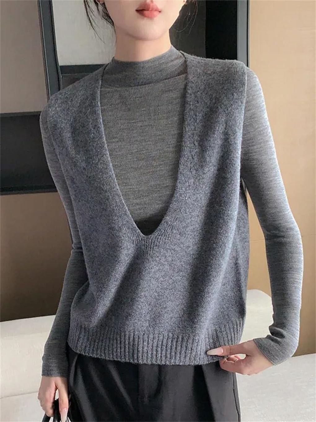 Women Wool Seamless Sweater Vest V-Neck Sleeveless Knitted Tops