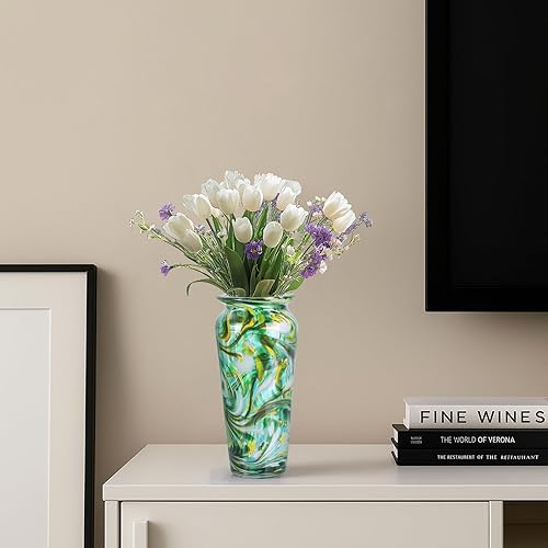 Miniatura 5 de Jarrón de vidrio soplado a mano verde  Centro de mesa decorativo alto moteado en estilo Murano para mesa de comedor, mesa de café, repisa, entrada o