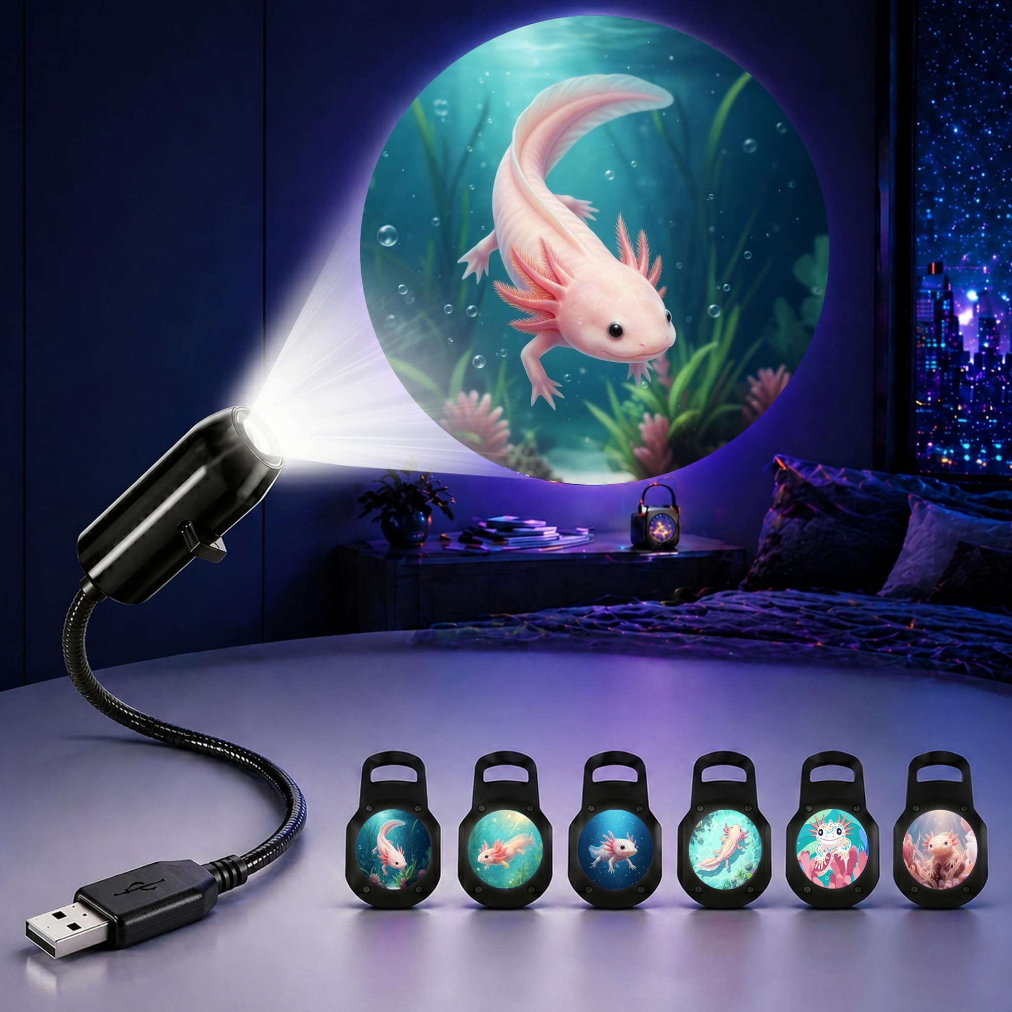 TnLnYn Axolotl Projector Night Light, 2-in-1 USB Mini Projection Night Light 360 Rotating LED Projector Suitable for Car or Room Ceiling Decoration Accessories, Axolotl Gift for Women and Men — image 1