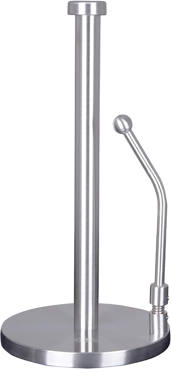 Stainless Steel Paper Towel Holder with Tension Arm – Weighted Countertop Stand, One-Hand Tear, Rust-Proof Full Stainless Steel Construction, Modern Kitchen Roll Holder