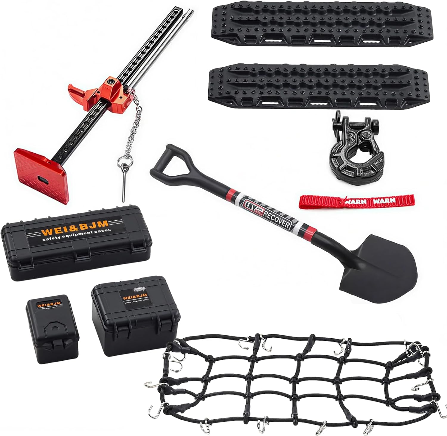 8/9PCS RC Crawler Accessories Set, 1/10 Scale Decoration Recovery Tool Kit with Roof Luggage Net, Shovel, Fire Extinguisher Car Upgrades for Axial SCX10 Traxxas TRX4 (9, Black & Red-1/10)