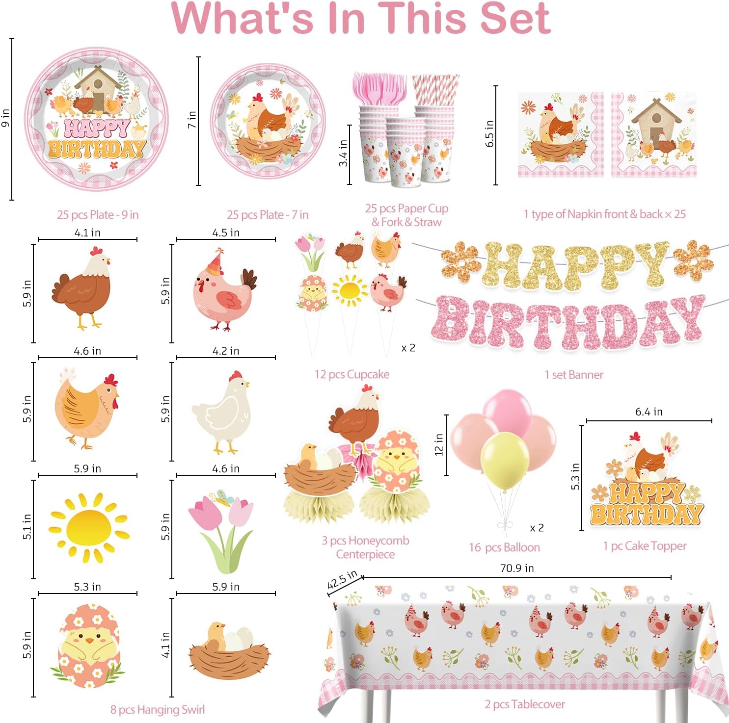 Xynic 201pcs Chicken Birthday Decorations, Convenient Disposable Tableware Set Includes Waterproof Tablecloths 300gsm Plates Centerpieces and Banner, Chicken Party Decorations Serve 25